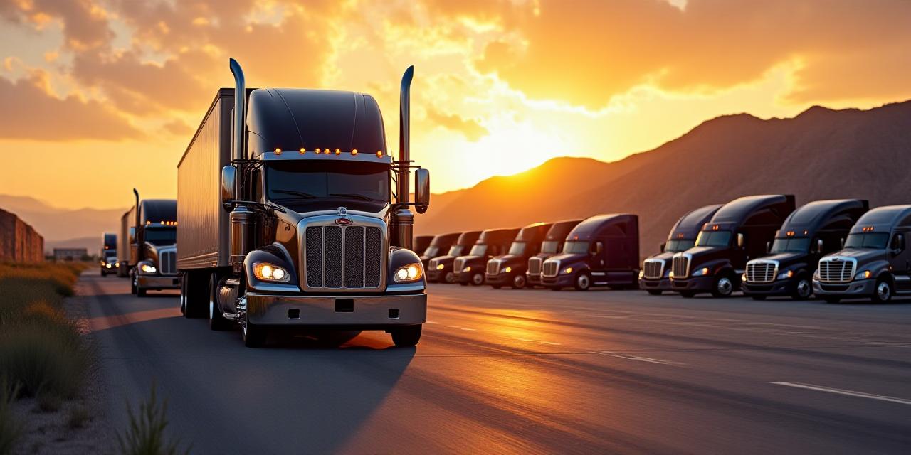 Modern trucking fleet at sunset in El Paso